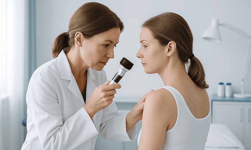 Dermatologist examining a patient's skin with a dermatoscope in a clinical setting.