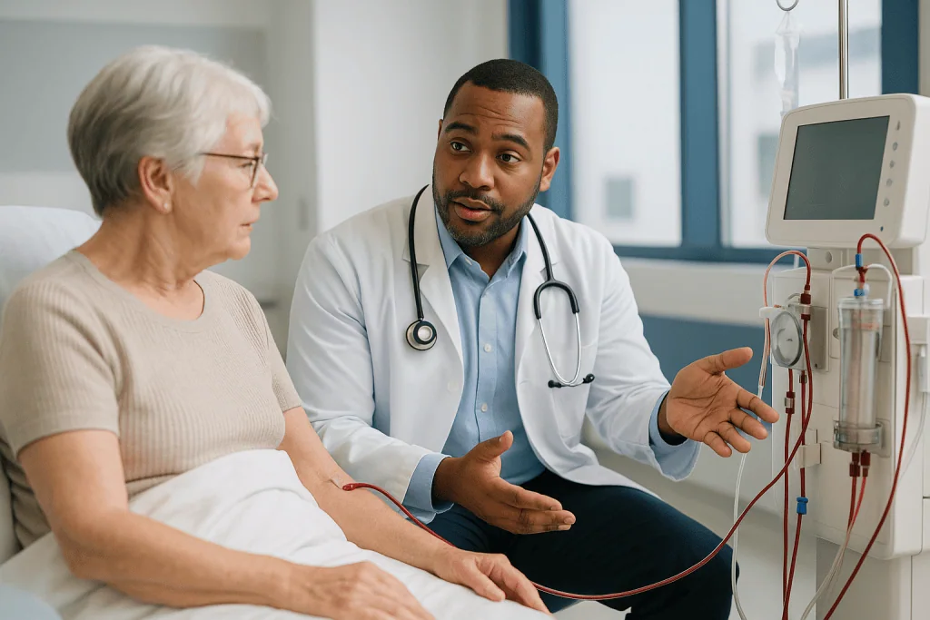 Doctor consulting elderly patient with dialysis equipment: Dialysis for uremia: how doctors decide it is needed