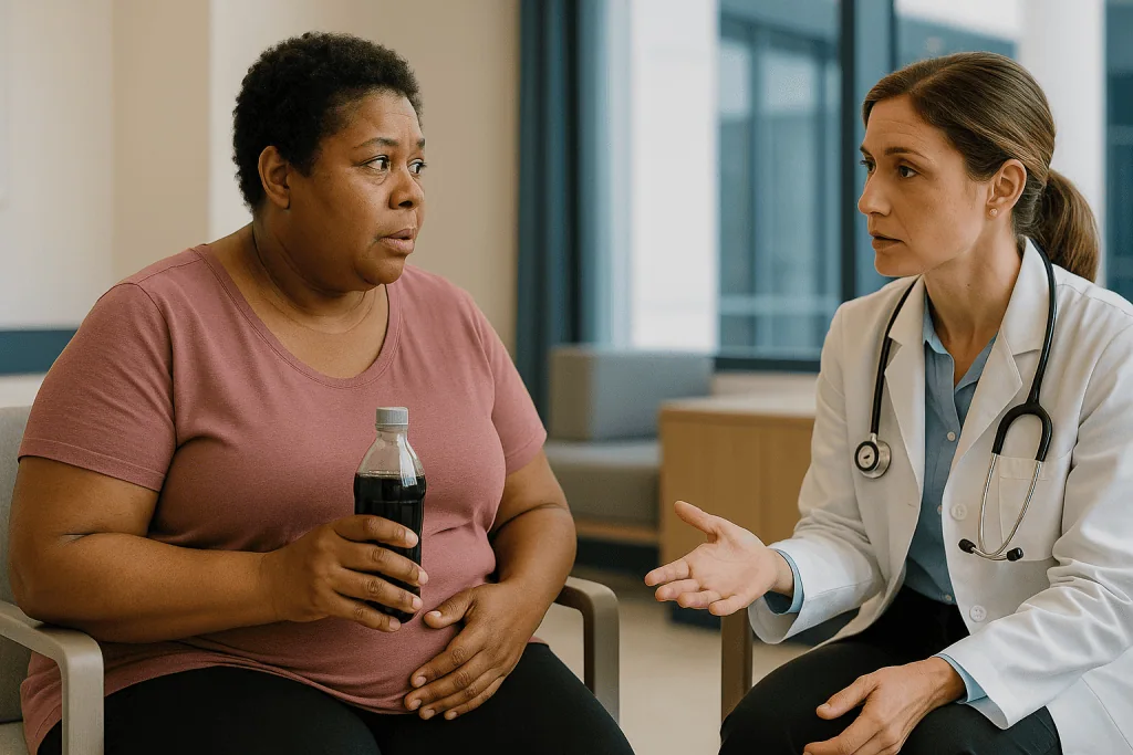 Doctor consulting patient about diet or health: Diet soda and weight gain: does it help or hurt?