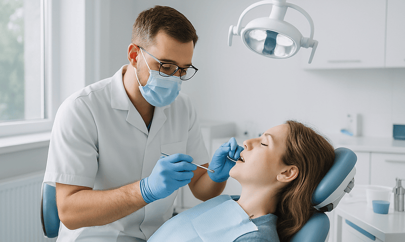 Dentist examining patient's teeth in a modern dental clinic.