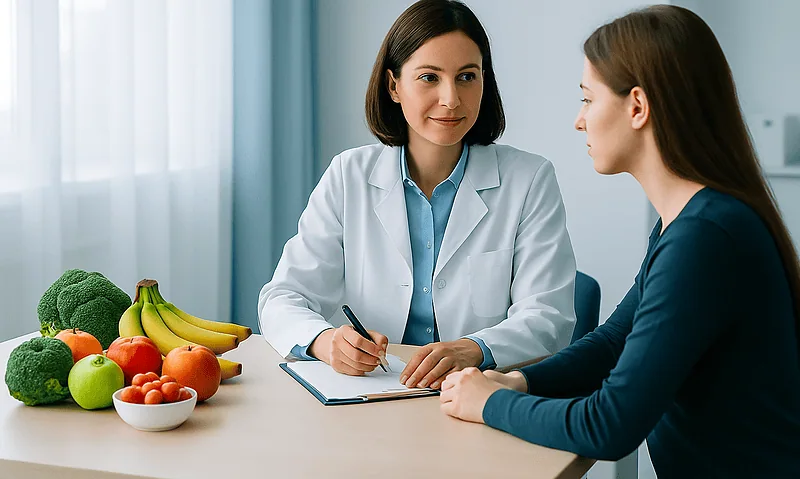 Doctor consulting with a young patient about nutrition and vitamins.