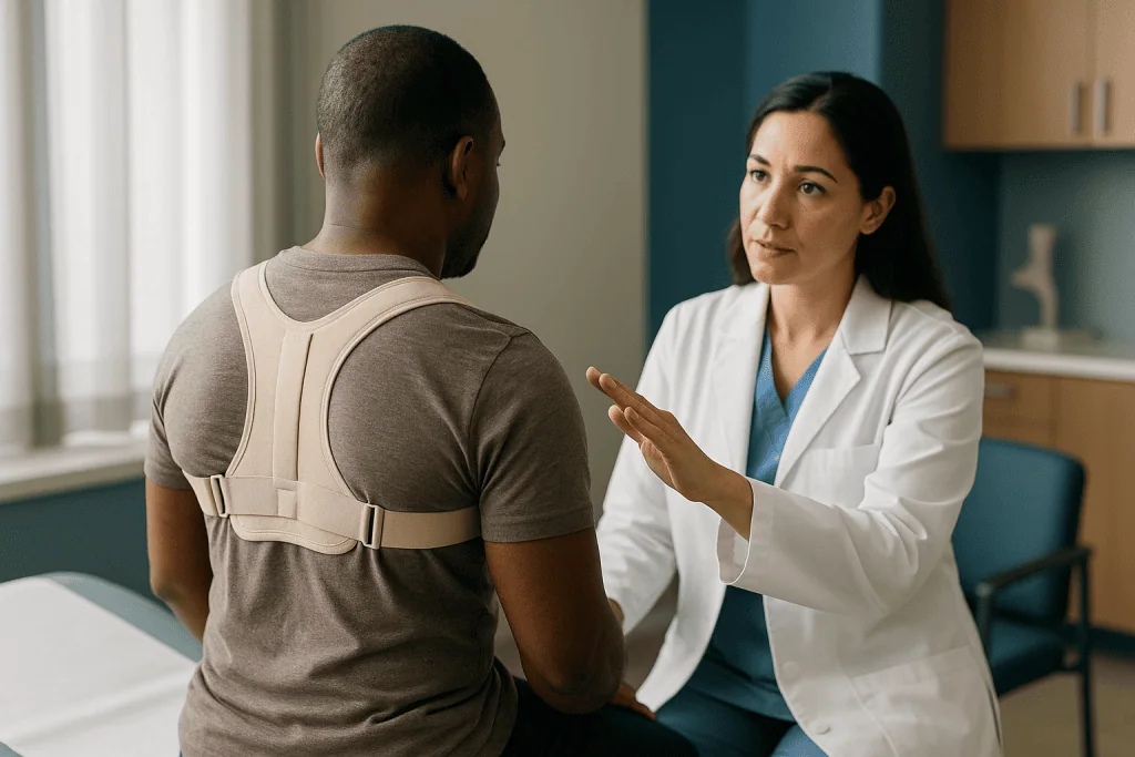Doctor consulting patient wearing posture corrector brace: Do posture correctors weaken the muscles that should hold you up?
