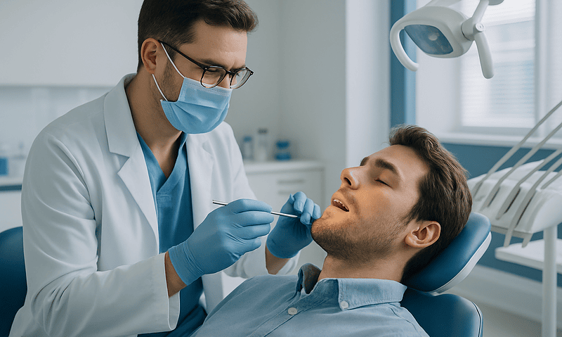 Dentist performing root canal treatment on patient in dental clinic.