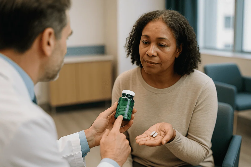 Healthcare provider giving medication bottle to adult patient: Do supplements to reduce cortisol work? What the evidence act