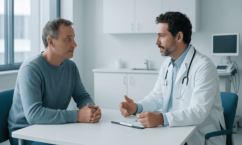 Doctor consulting with middle-aged male patient in a modern clinic.