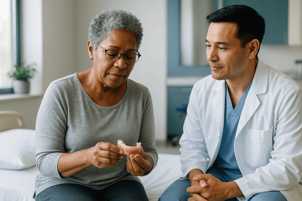 Dentist showing dentures to senior patient in clinic: Do you take implant-supported dentures out at night?
