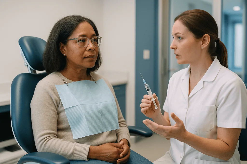 Healthcare worker consulting patient with syringe injection: Does a laser replace every injection? What the anesthesia evide