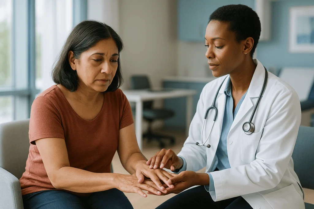 Doctor examining patient's hand during consultation: Does a rheumatologist treat scleroderma, and why not start with a derma