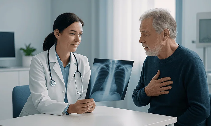 Doctor showing chest X-ray to senior male patient in clinic.