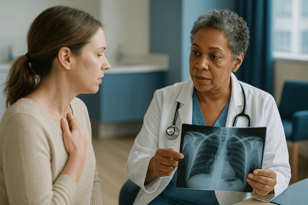 Doctor reviewing chest X-ray with female patient: Does acute bronchitis need a chest X-ray? What the guidelines actually say