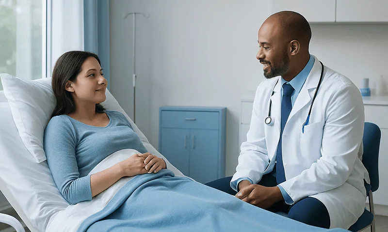 Doctor consulting with a patient in a hospital room.
