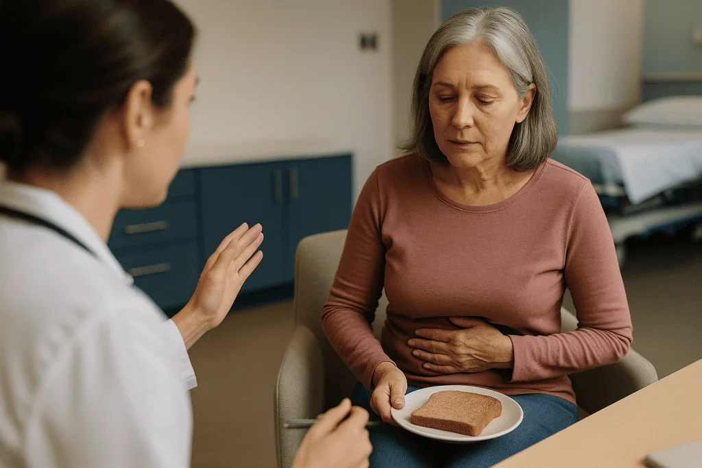 Doctor consulting patient about dietary concerns with bread: Does celiac disease get worse over time?