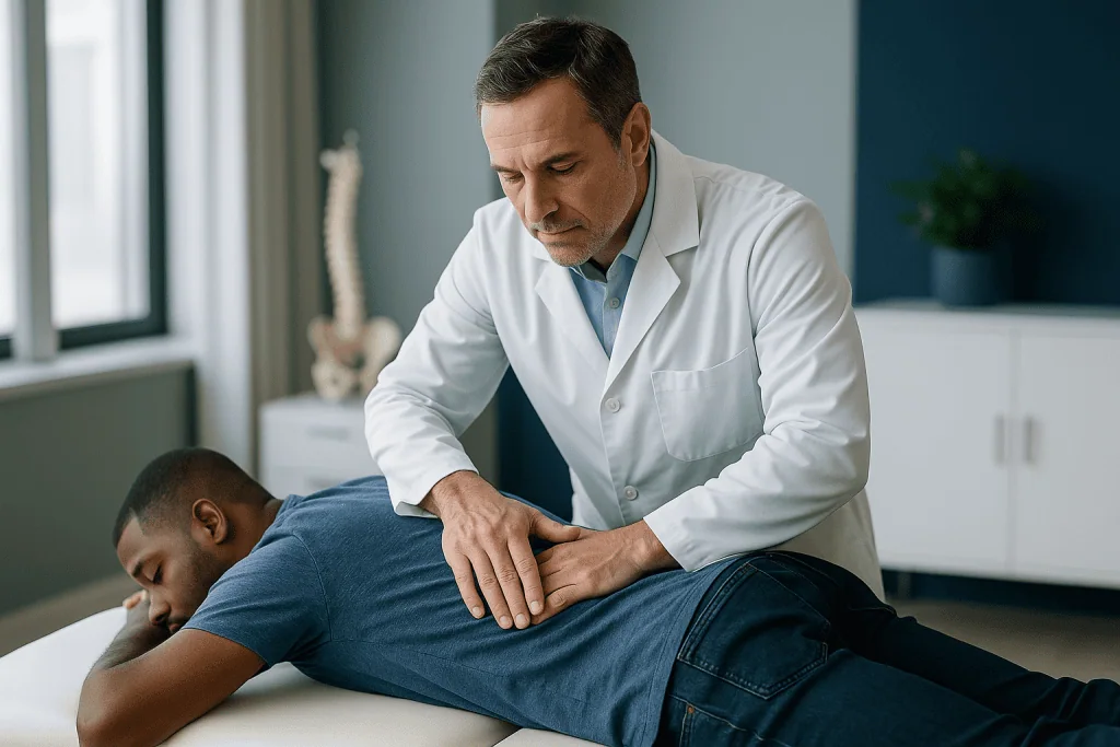 Chiropractor performing spinal manipulation on male patient: Does chiropractic adjustment for back pain work?