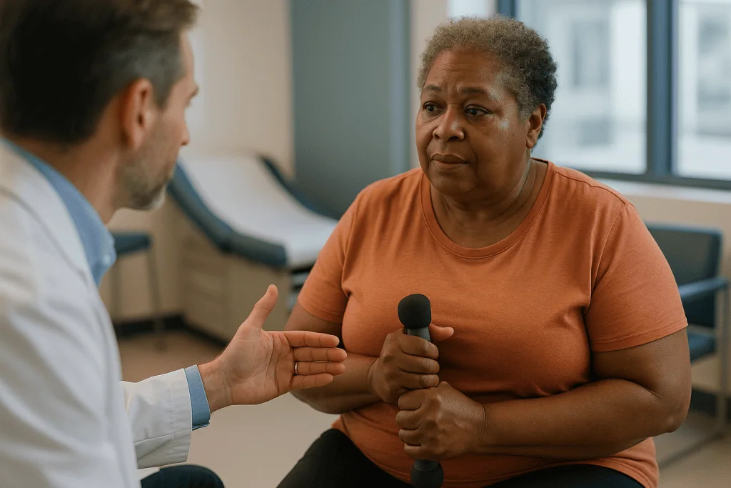 Two people in conversation, one holding microphone, indoor setting: Does exercise and weight loss really help osteoarthritis