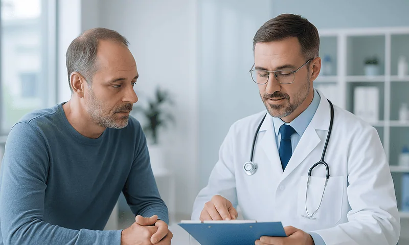 Doctor consulting with patient about health in a modern clinic setting.