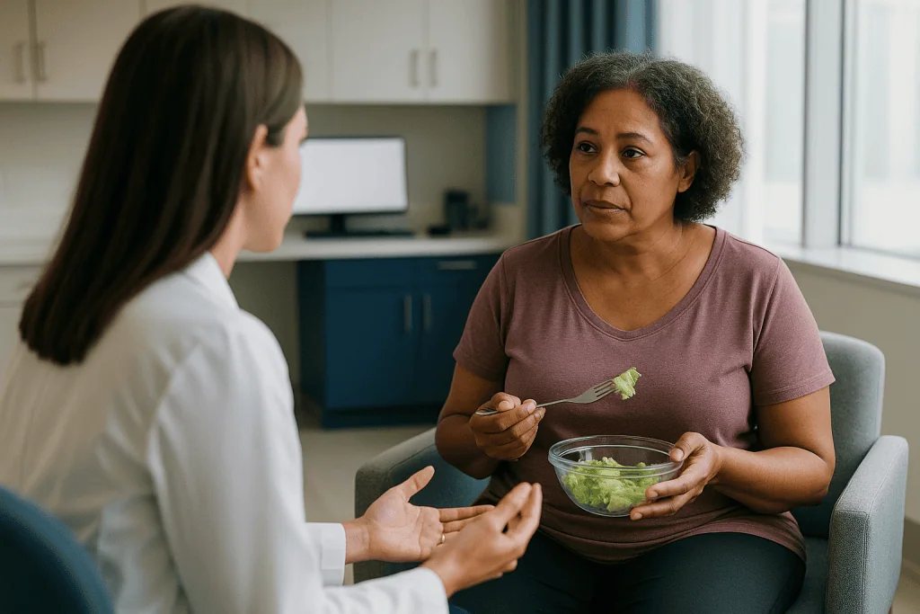 Two women discussing nutrition with salad bowl: Does HRT cause weight gain? What the evidence actually says
