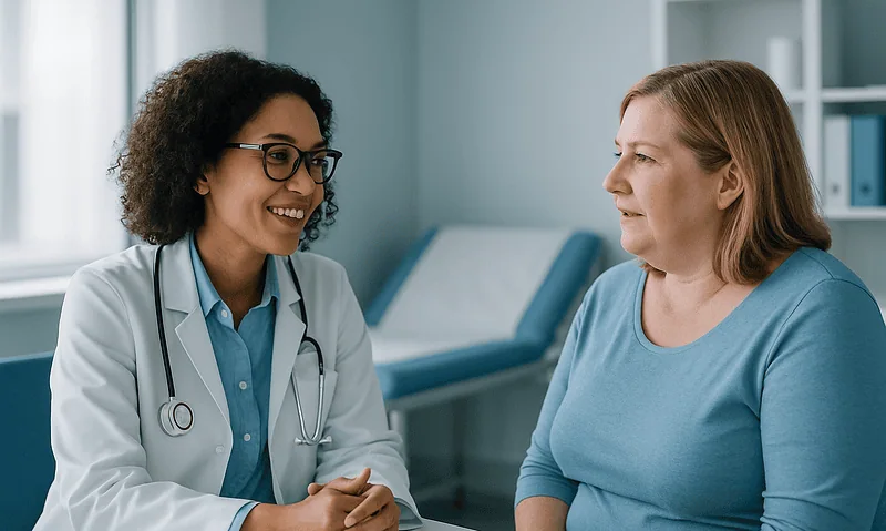 Doctor consulting with a female patient in a medical office setting.