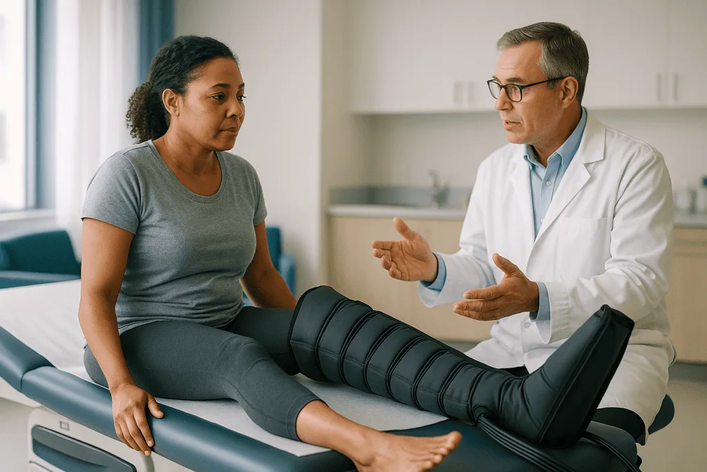 Doctor examining patient's leg with compression boot: Does leg compression work? The physiology in plain terms