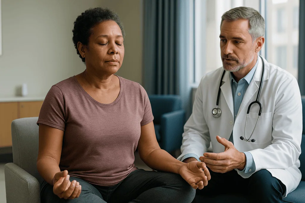 Doctor consulting with patient in clinical setting: Does meditation for blood pressure work? The trials, honestly read
