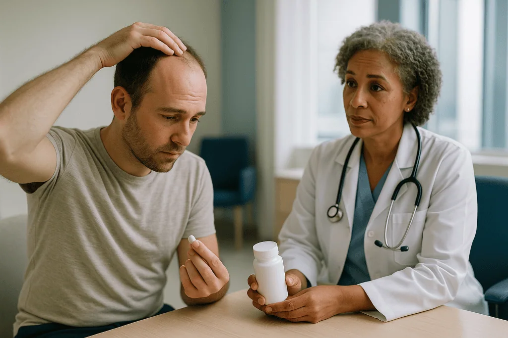 Doctor consulting patient about medication treatment: Does minoxidil really work, and what about the tablet version?