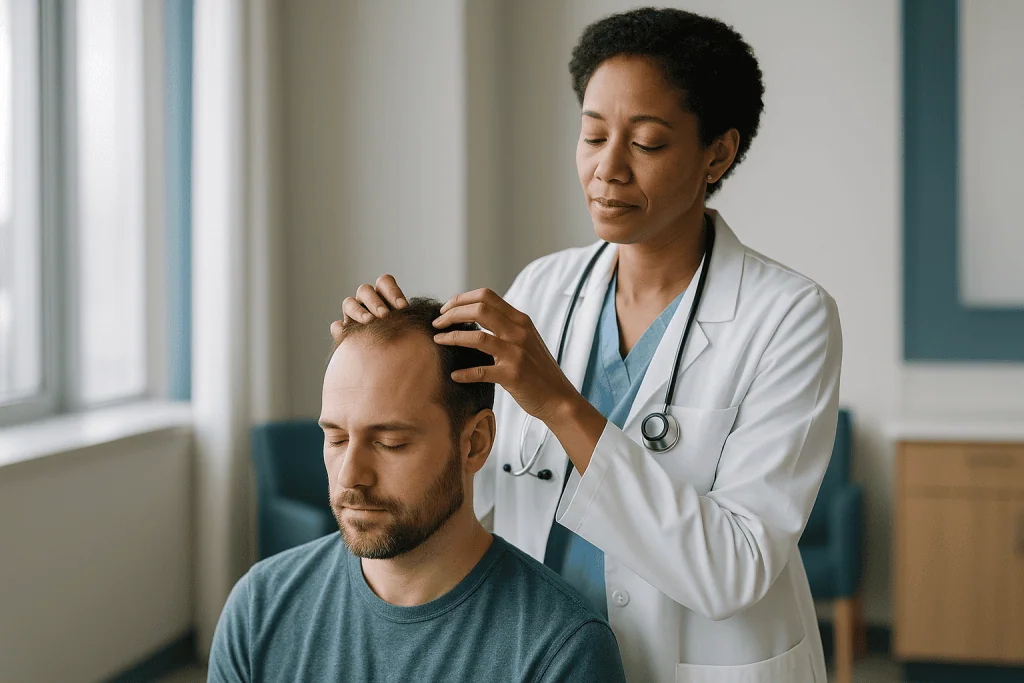 Doctor examining patient's scalp and hair: Does scalp massage help hair growth? Inside the study everyone cites