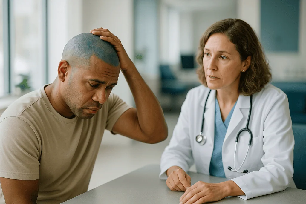 Doctor consulting patient about general health concern: Does scalp micropigmentation turn blue? Understanding color shift