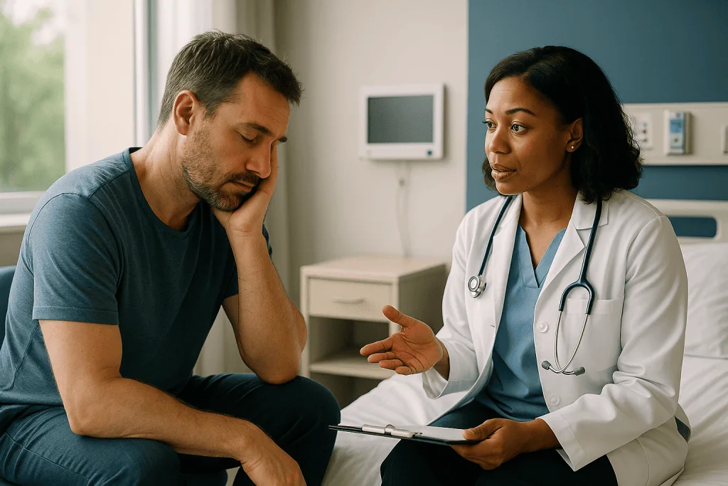 Doctor consulting male patient in clinical office setting: Does sleep affect testosterone? The most underrated lever