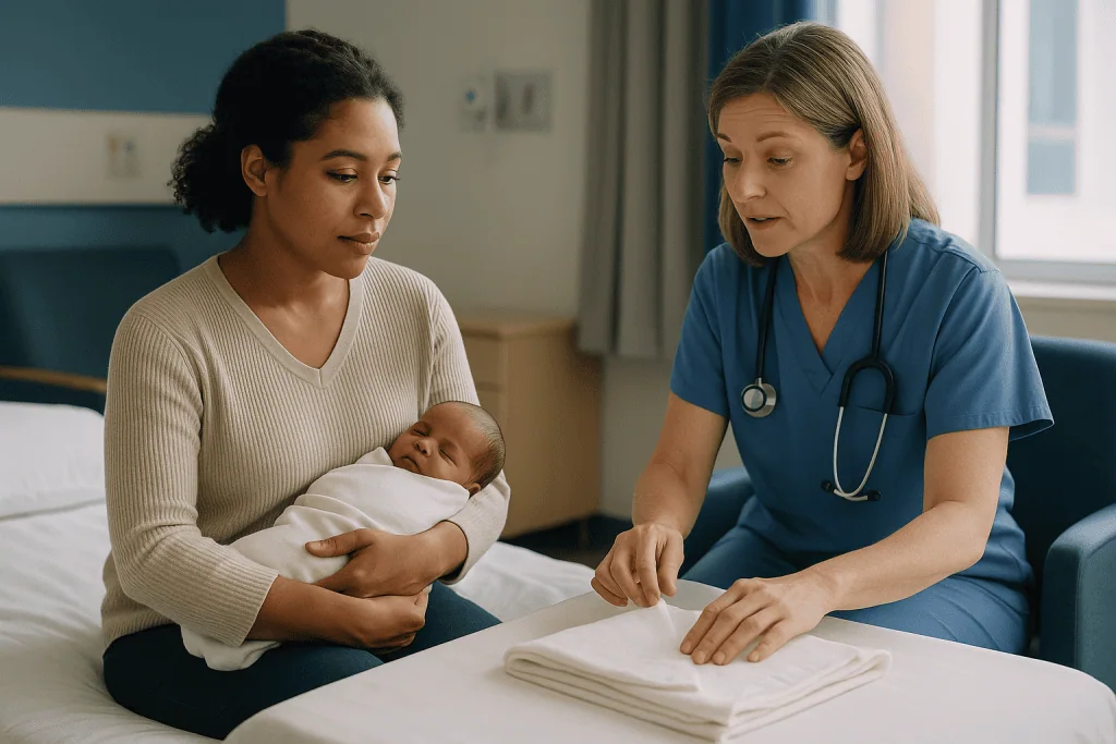 Healthcare provider consulting with mother holding newborn: Does swaddling reduce SIDS risk, or does it raise it?
