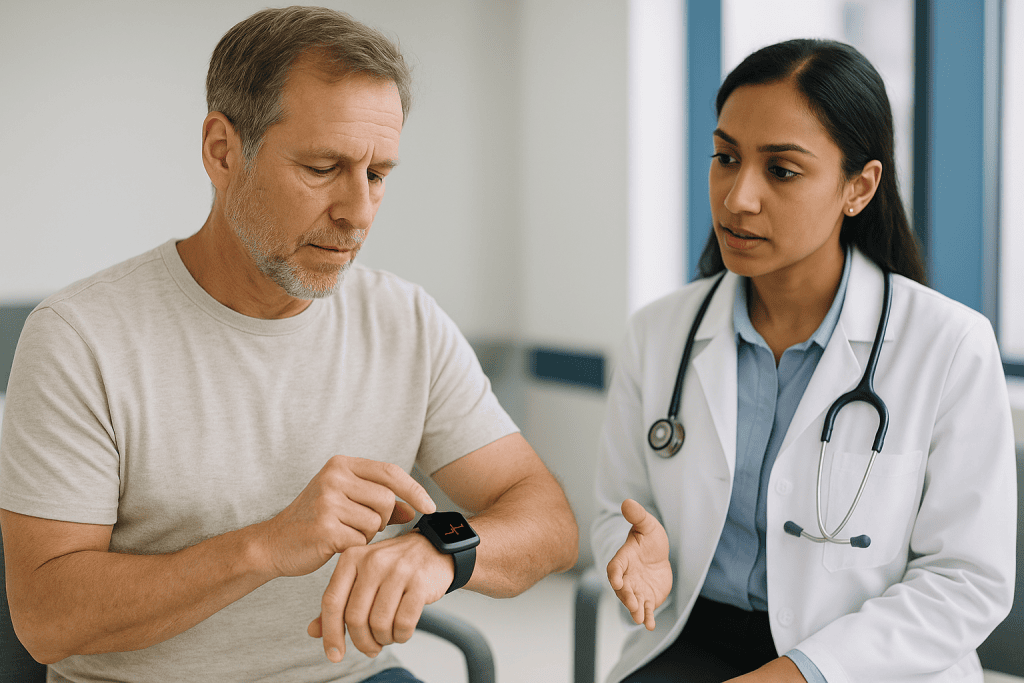 Doctor consulting patient about smartwatch ECG reading: Does the Apple Watch tell ECG results, and what do the screens mean?