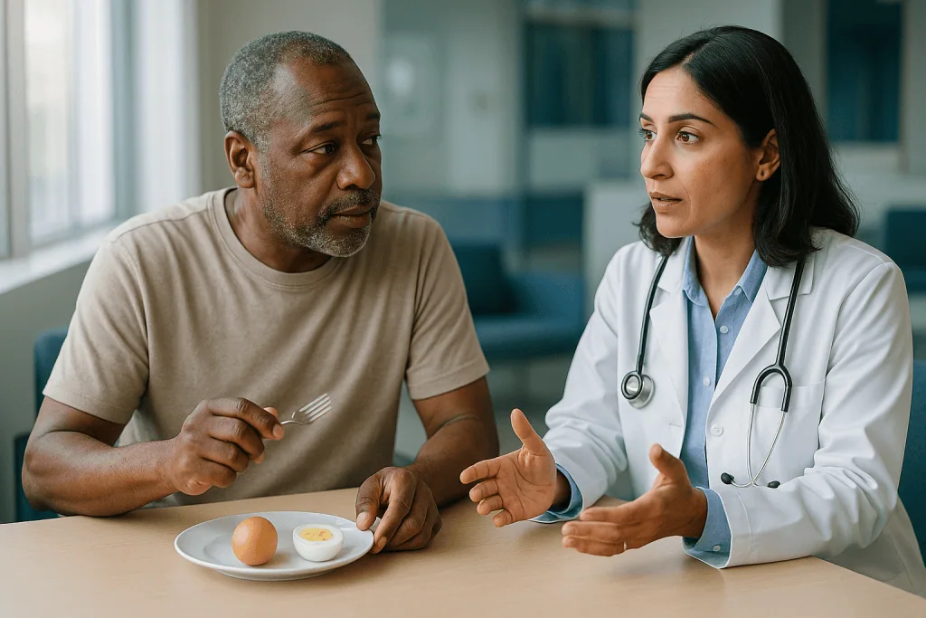 Doctor consulting patient about dietary nutrition and eggs: Does the cholesterol in eggs raise your blood cholesterol?