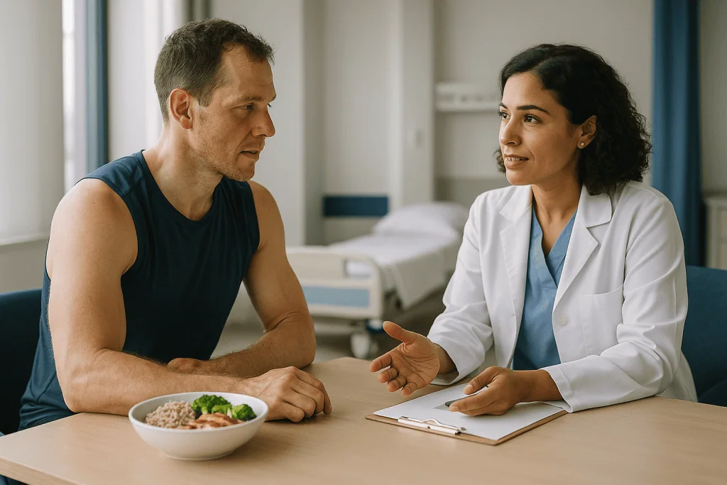 Doctor consulting patient about nutrition at hospital table: Does timing matter more if you train fasted?