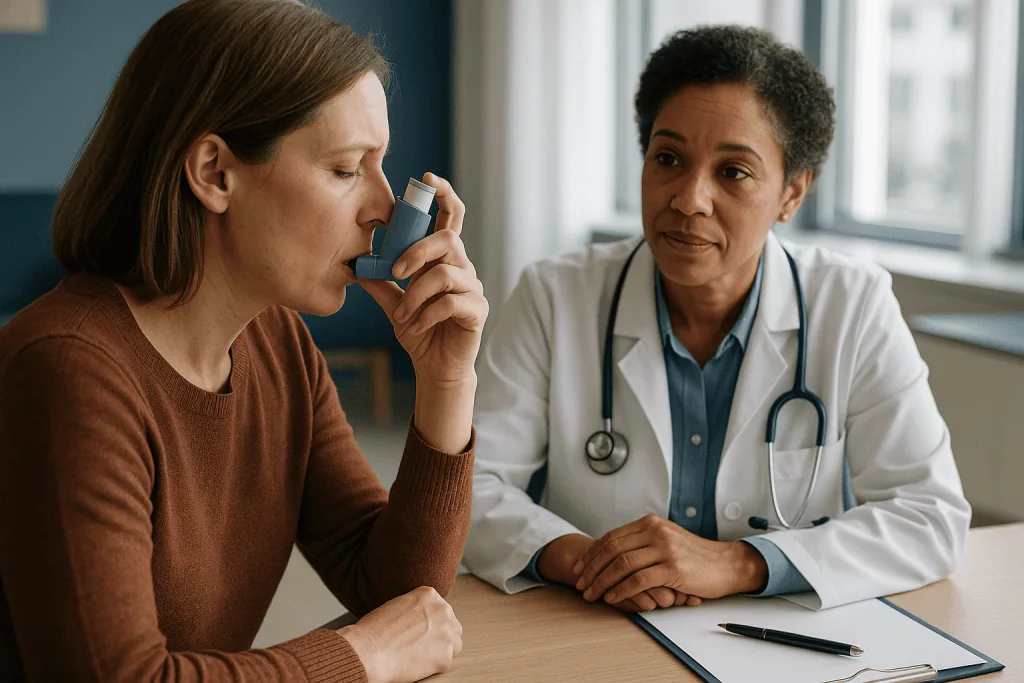 Doctor consulting patient with inhaler in clinic: Does treating sinusitis help asthma? What the evidence shows
