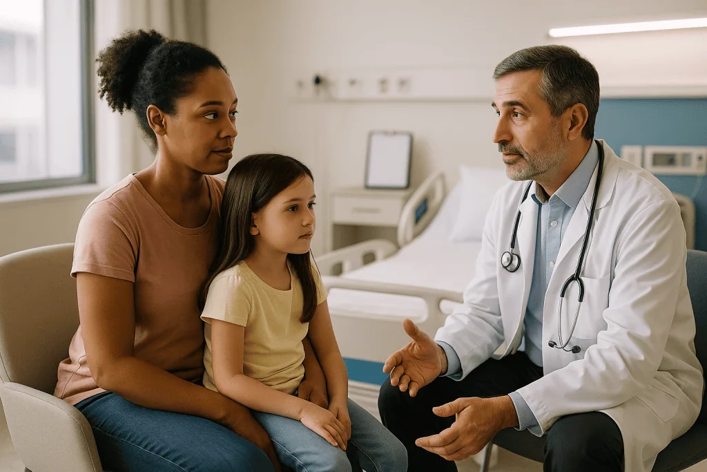 Doctor consulting with mother and child in hospital room: Does VUR need surgery at all? Why watchful waiting is the usual st