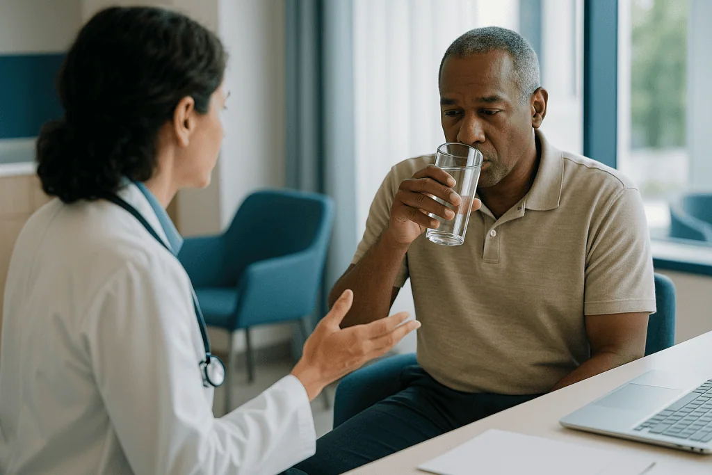 Doctor consulting patient, drinking water in clinic: Does water help migraines, or is dehydration just one trigger among man