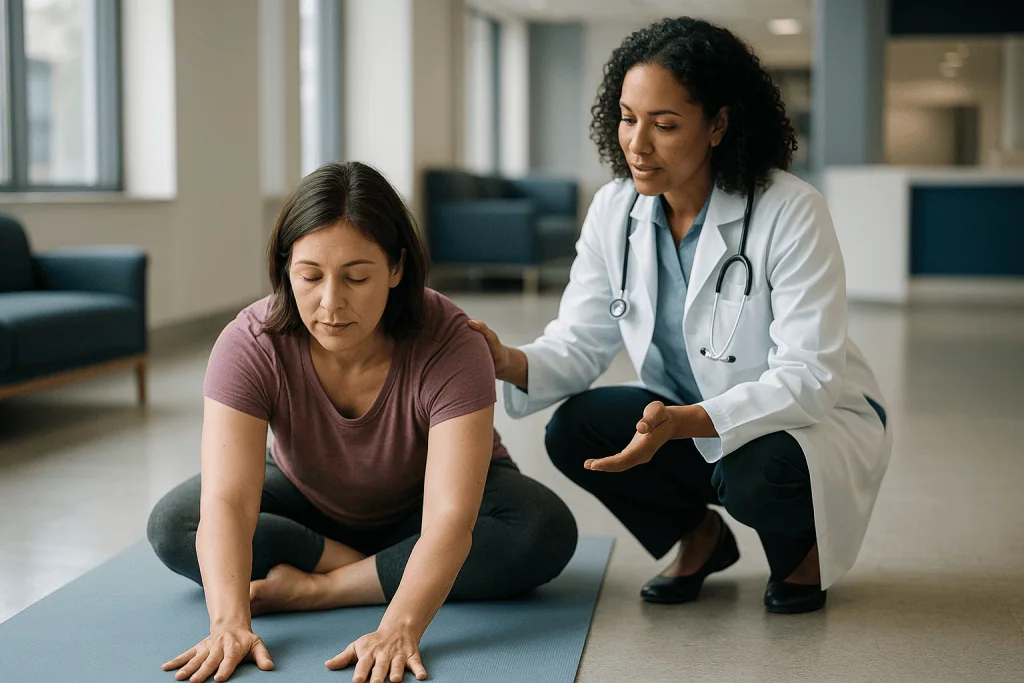 Doctor consulting patient on exercise mat indoors: Does yoga actually help with back pain?