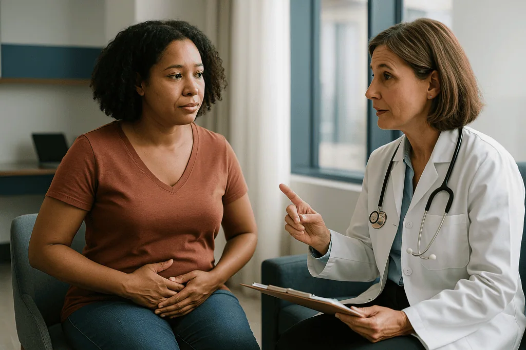 Doctor consulting with patient about abdominal symptoms: Does your gut really make 95 percent of your serotonin?