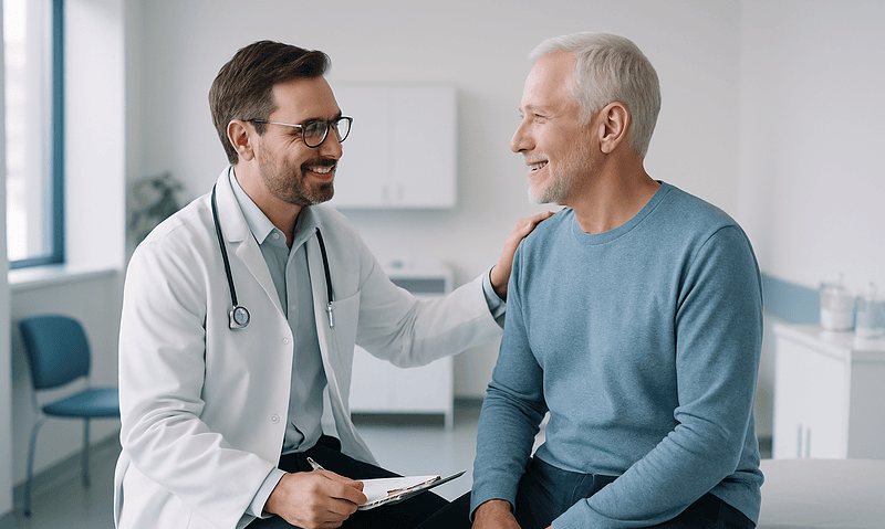 Doctor consulting with an elderly male patient in a medical office.