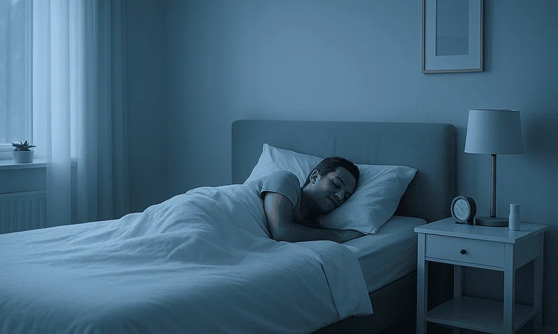Young man sleeping peacefully in a modern bedroom with soft lighting.