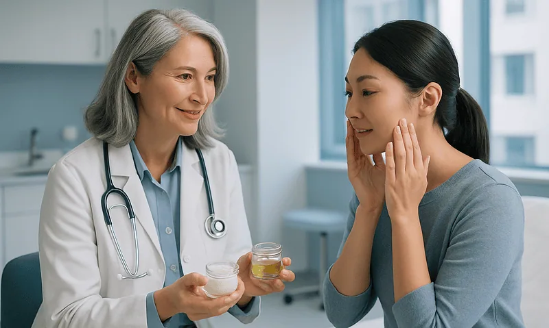 Doctor explaining skincare products to a patient in a clinic setting.