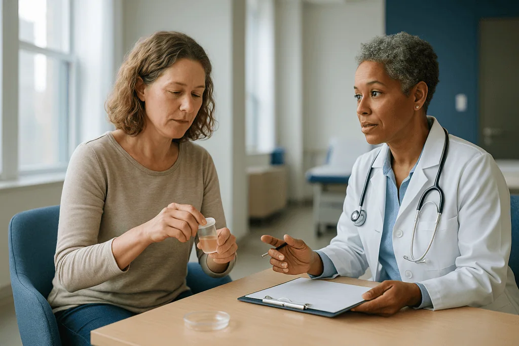 Doctor consulting patient holding urine sample cup: Dried urine vs blood, saliva and 24-hour urine: how the methods compare