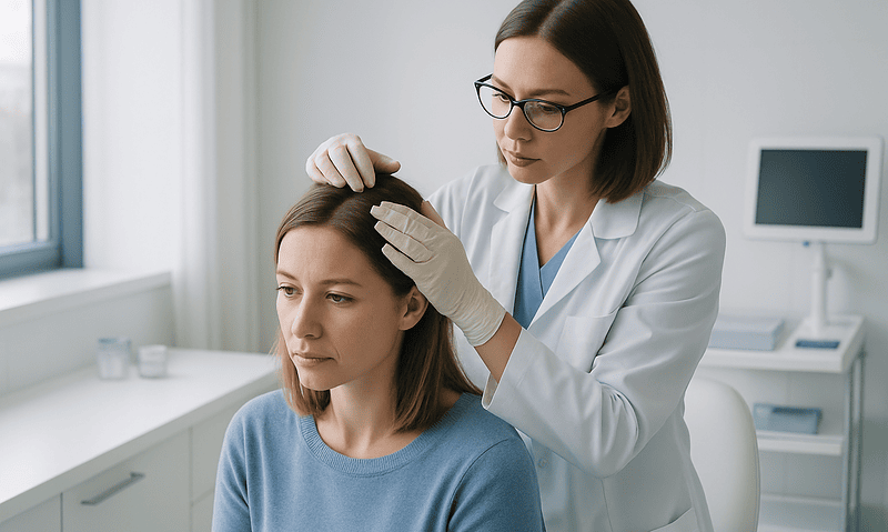 Doctor examining woman's scalp in a medical clinic setting.