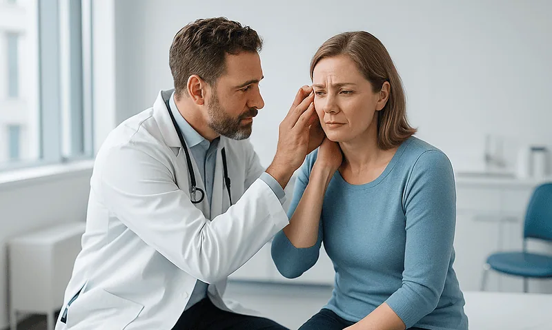 Doctor examining woman's ear for ear pressure issues at clinic.