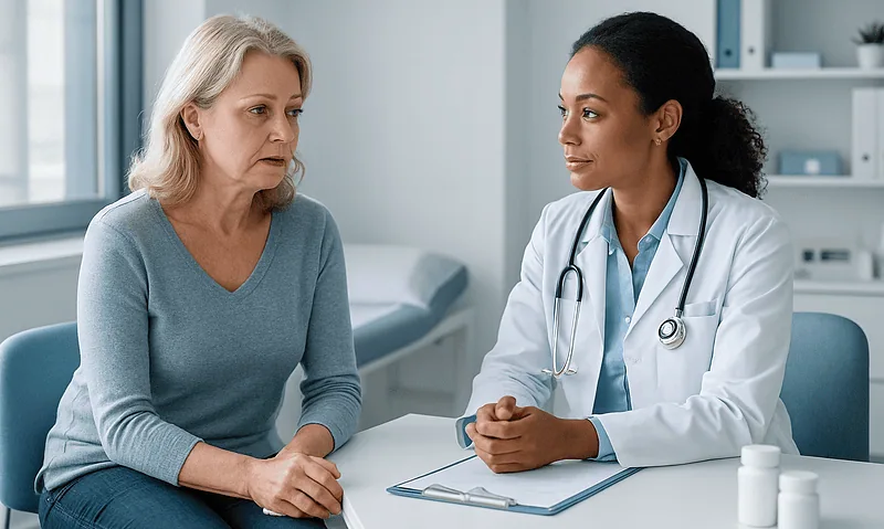 Doctor consulting with an older woman in a medical office setting.