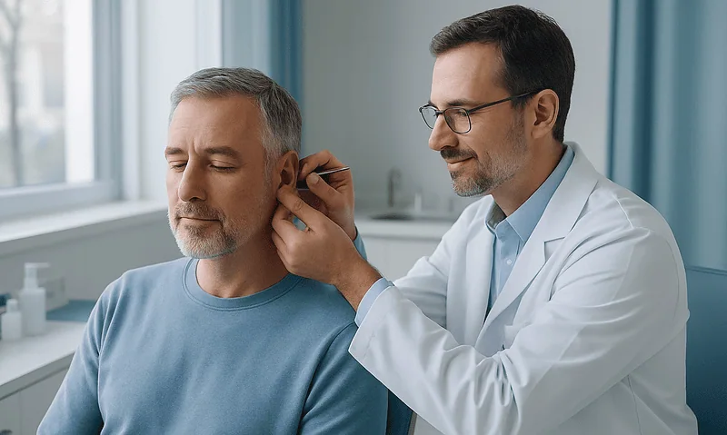 ENT specialist examining patient's ear in a clinical setting.