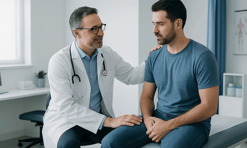 Urologist consulting with a male patient in a medical office.