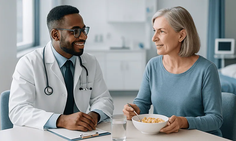 Doctor consulting with an elderly woman in a medical office.