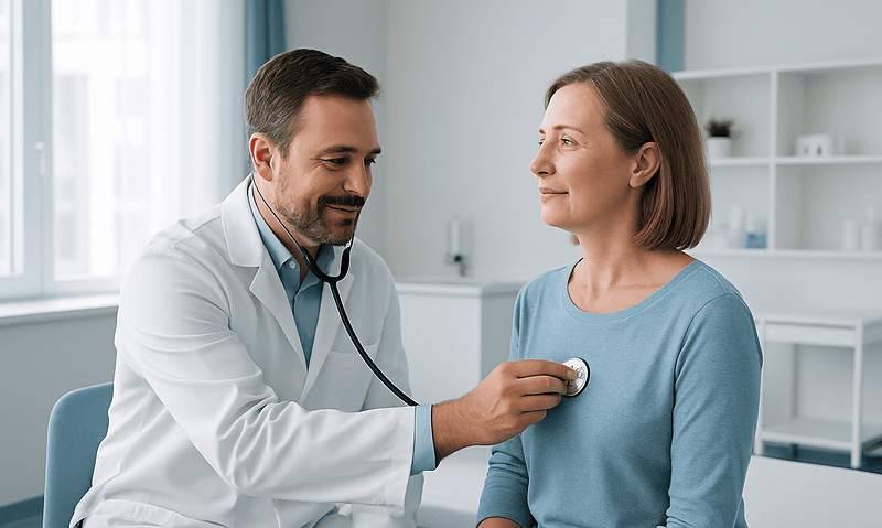 Doctor examining a woman with a stethoscope in a medical office.