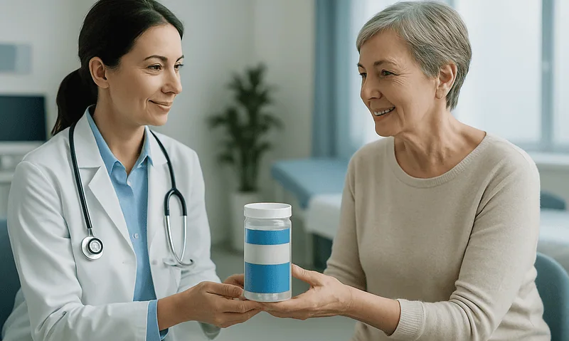 Doctor handing electrolyte supplement to elderly patient in clinic.