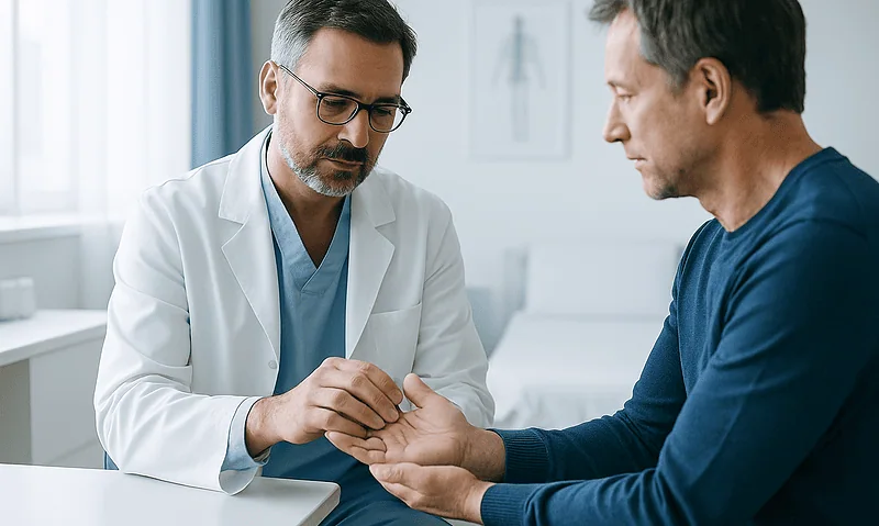 Doctor examining patient's hand in a medical consultation room.