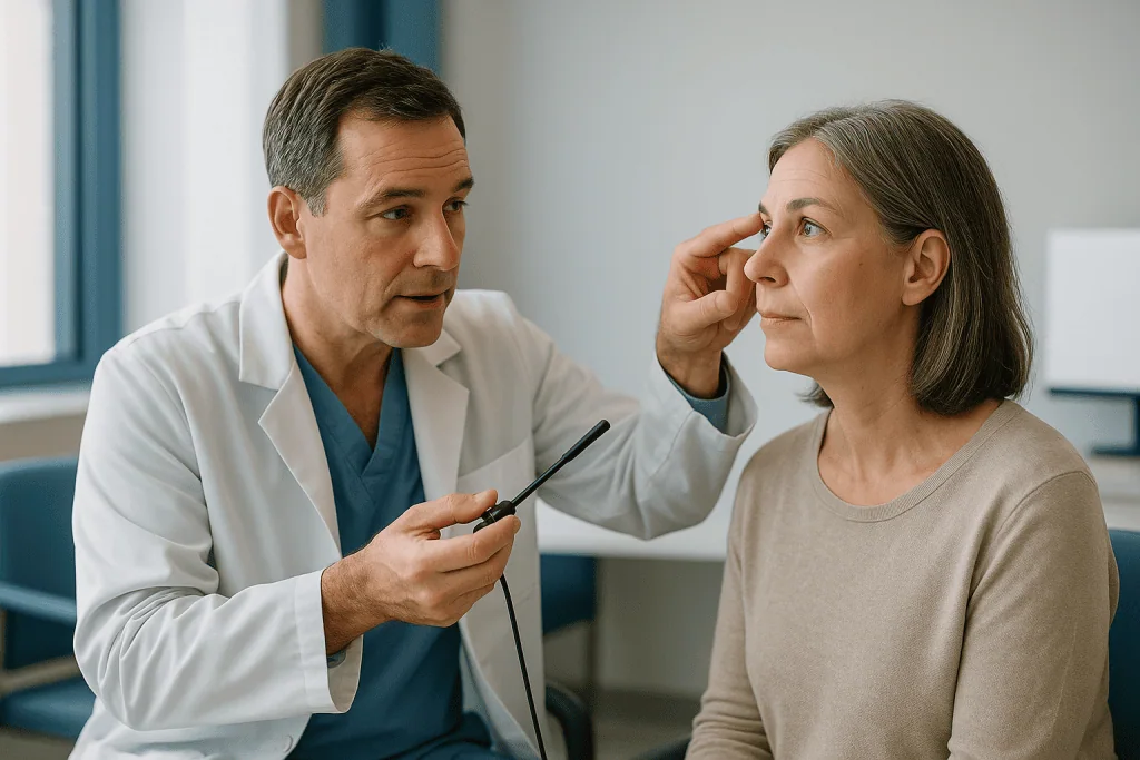 Doctor examining patient's eye with otoscope: Endoscopic DCR vs external DCR: how the two approaches differ